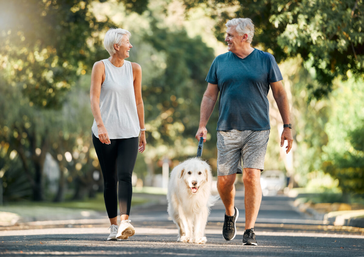 retired couple walking dog on sidewalk